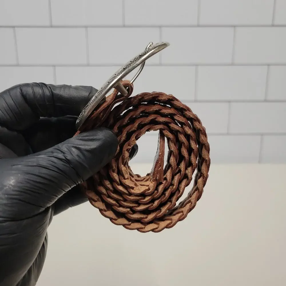 ADR Brown Braided Leather Belt Oval Engraved Buckle Women's Size S/M